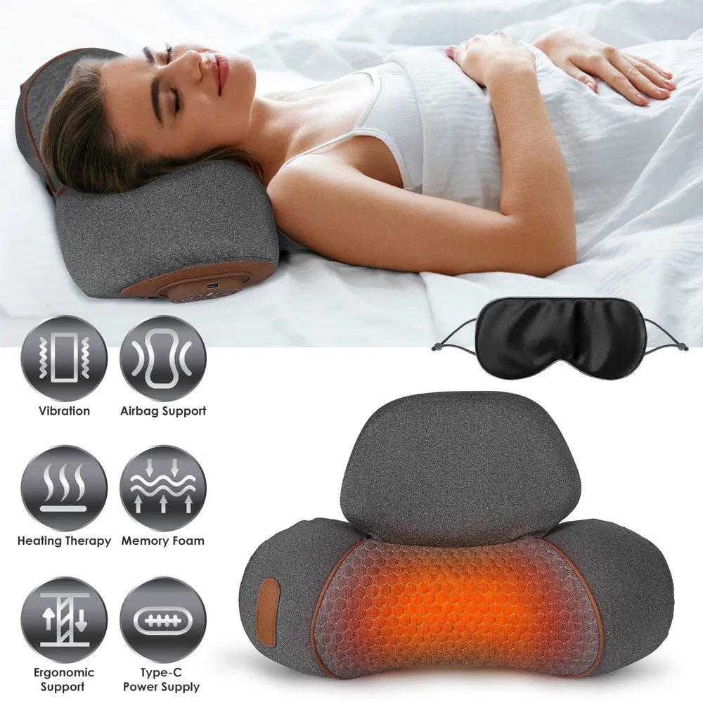 3 In 1 Neck Massager Pillow With Vibration Heating Therapy Airbag Stretching Memory Foam Fillings Ergonomic Cervical Massager With Portable Storage Bag Eye Mask GPCT5476